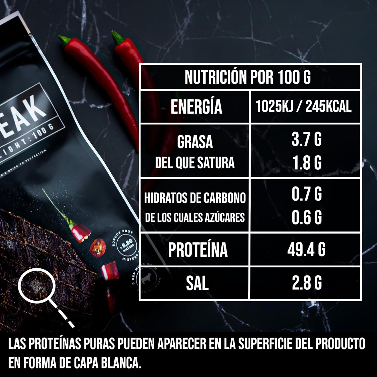 The Meat Makers Peppered Dried Beef Jerky Steak (200g) - Bistec de cecina de vaca seca, Cecina de Vaca, Carne Seca, Snack de Carne, Alto en Proteínas, Bajo en Calorías. Carne seca para personas.