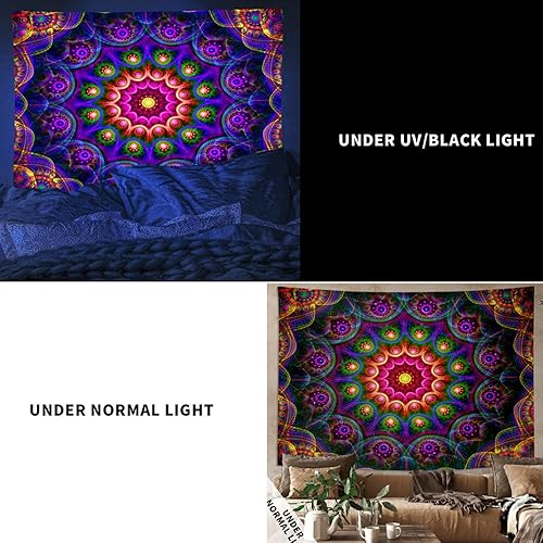 Miniatura 7 de Psyhilar Tapiz de mandala trippy de luz negra para colgar en la pared de dormitorio, póster hippie bohemio con luz negra para adultos (90 x 70