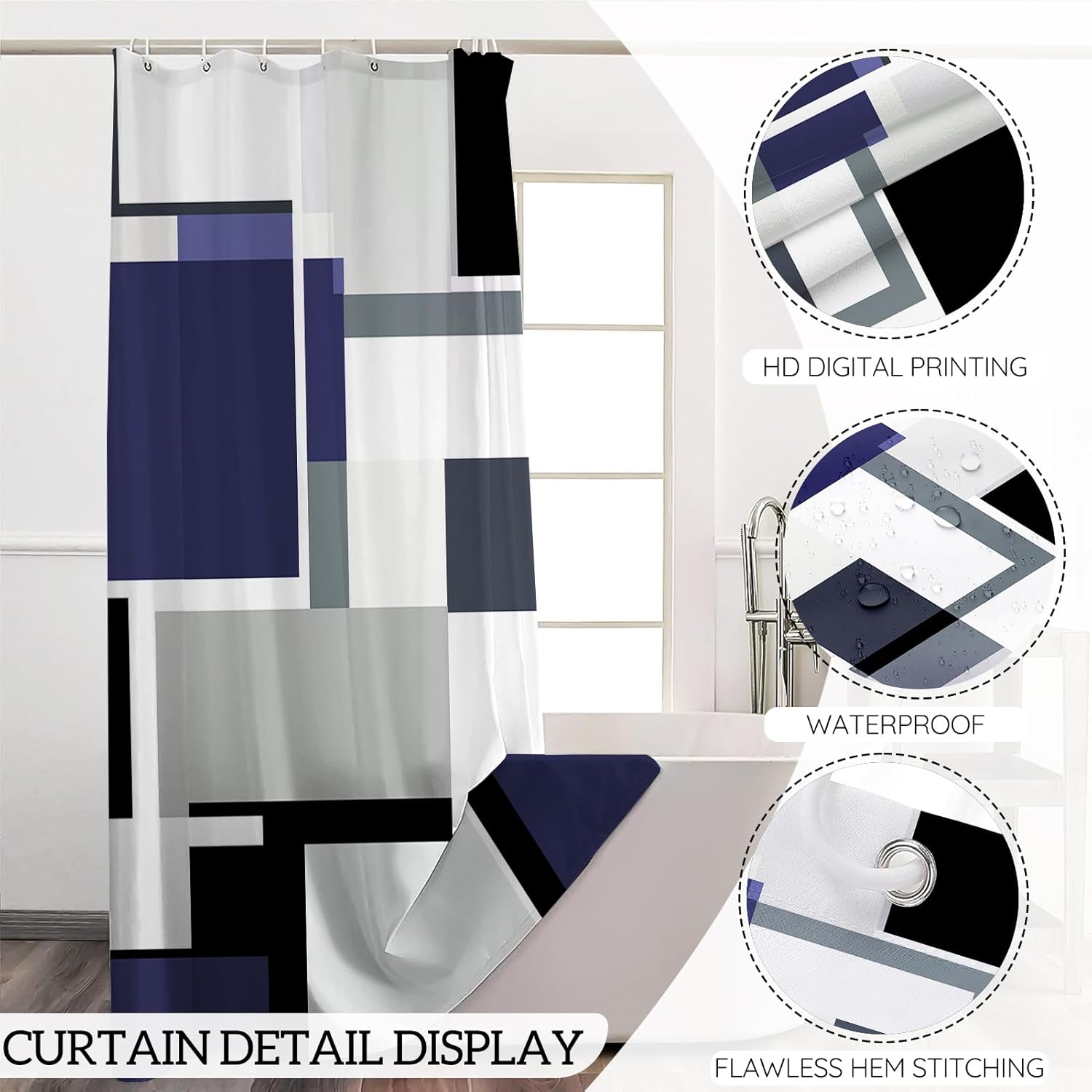 Blue Bathroom Sets with Shower Curtain and Rugs, Bathroom Accessory Set with Shower Curtain,Bath Rugs, Trash Can, Toilet Brush Holder Set & Soap Dispenser