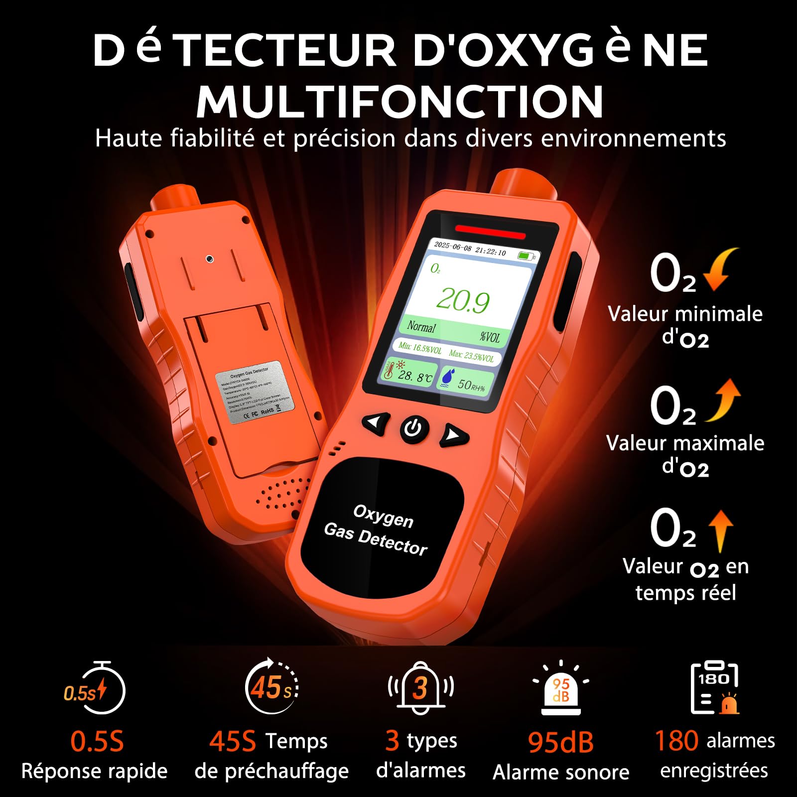 Détecteur d’Oxygène Portatif, Moniteur O2 Rechargeable avec Alarmes Sonores, Lumineuses et Vibrantes, Analyseur de Qualité de l’Air Oxygène Mesurant la Température et l’Humidité