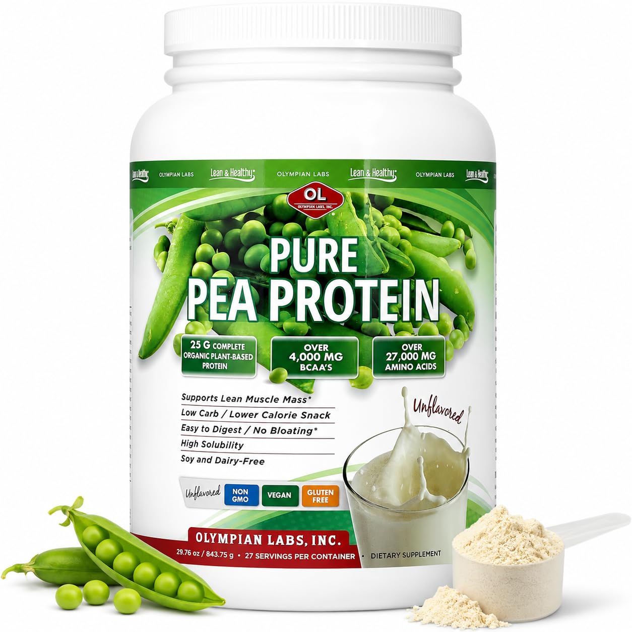 Olympian Labs Plant Based Pea Protein Powder, Unflavored - 25g of Protein, Vegan, Low Net Carbs, Gluten Free, Lactose Free, No Sugar Added, Soy Free, Non-GMO, 2 Pound Pea Protein Powder Unflavored Large (29-30oz)