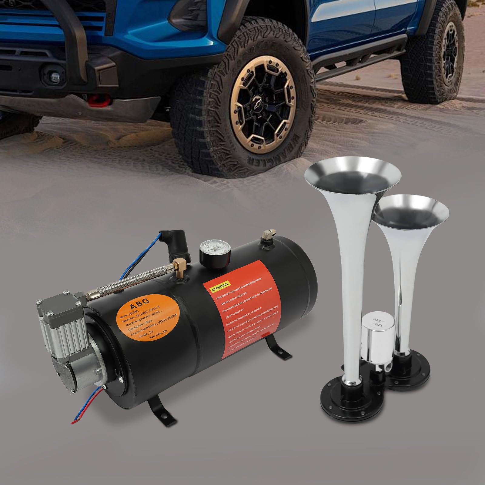 Compresor de aire 12 V, compresor de aire comprimido 150 psi con 3 L, cobre, modelo ON-688, para coches y barcos, con cuernos de aire, color negro
