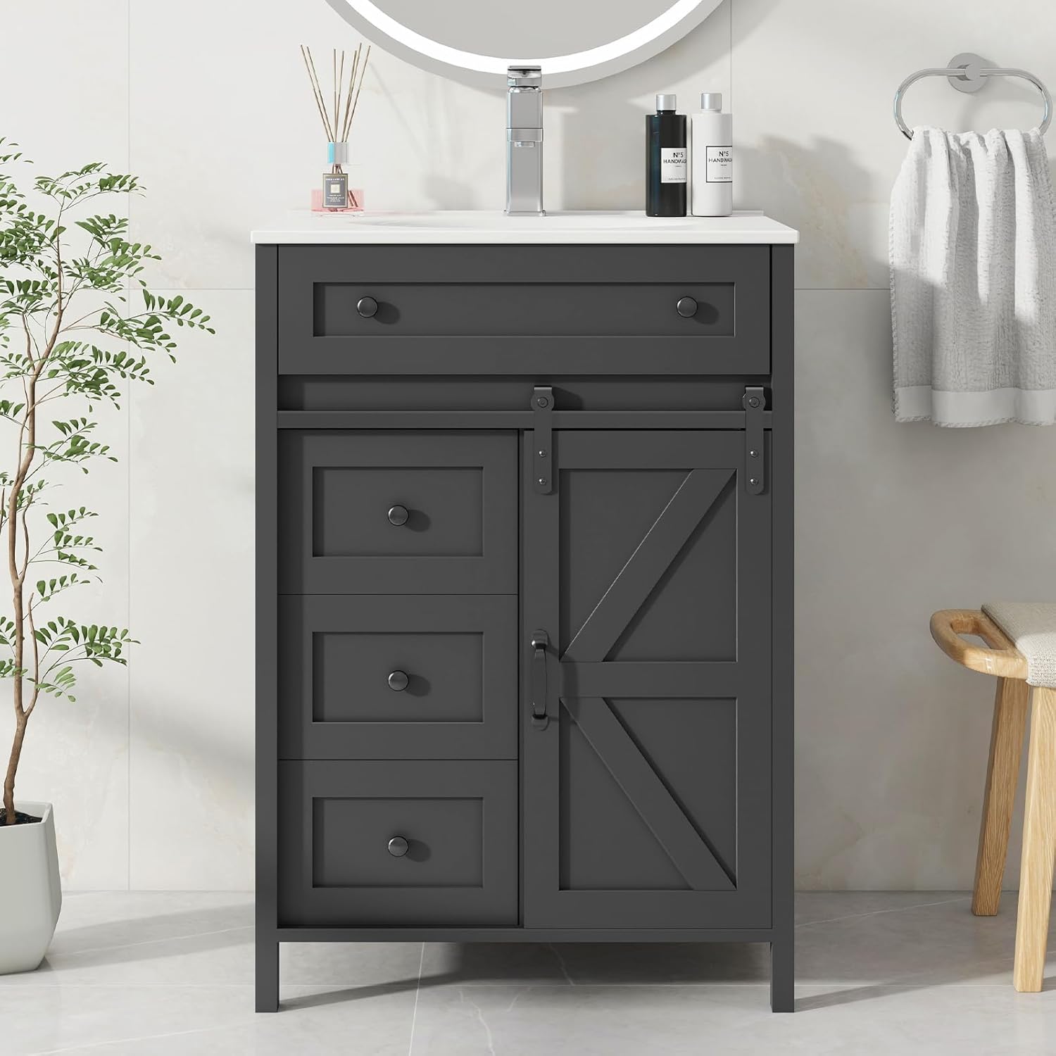 Halitaa 24 Inch Bathroom Vanity with Sink Combo and Sliding Door, Freestanding Bathroom Storage Cabinet with 4 Drawers, Vintage Vanity Cabinet with Ceramic Sink, Faucet, Drain, Grey