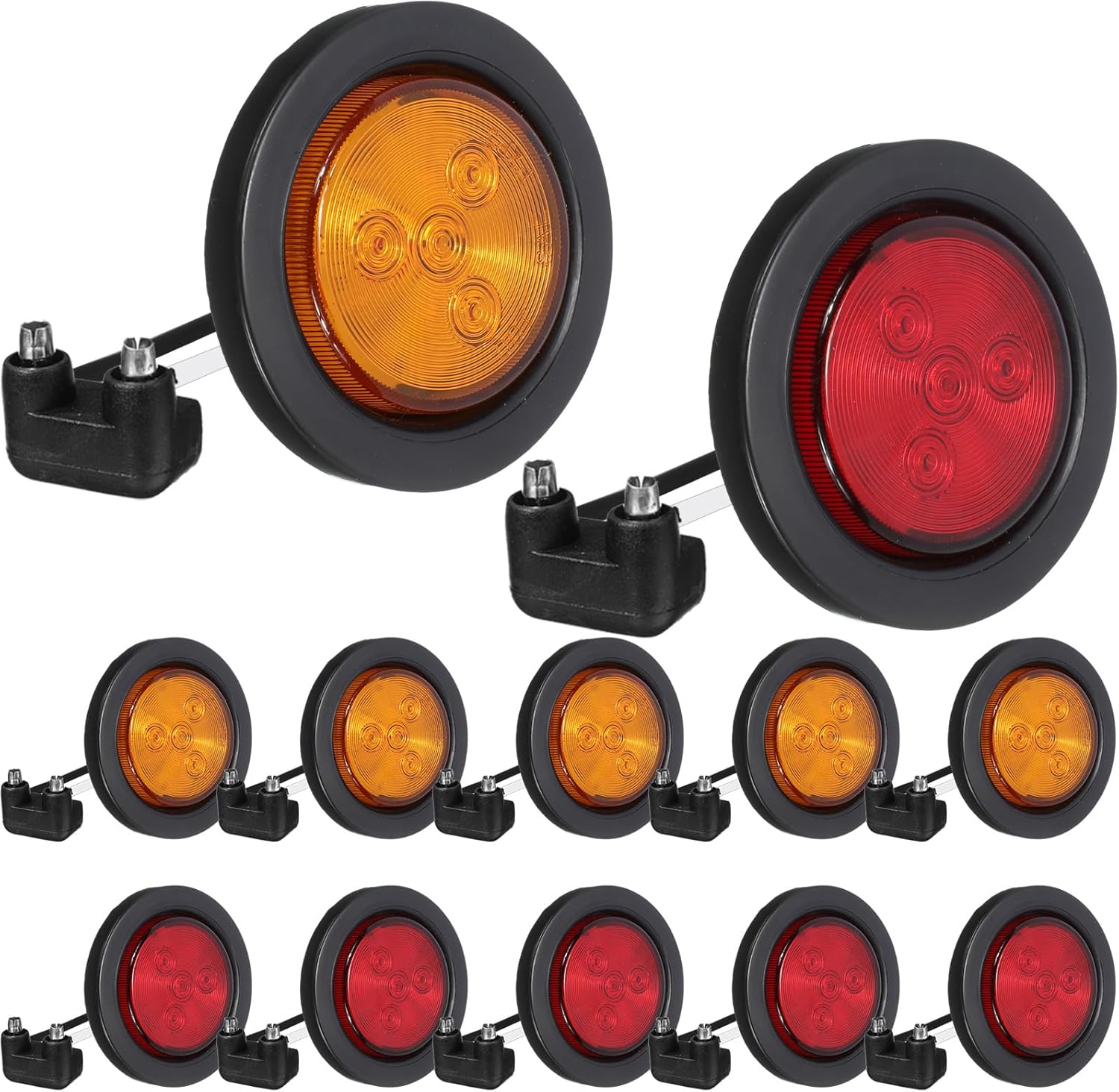 VIHOSE 12 Pcs Led Trailer Marker Lights 2.5 Inch 4 Diodes Flash Mount 12v Round with Rubber Grommets Marker Indicators Lights for Van Truck Bus Car Boat, Amber and Red
