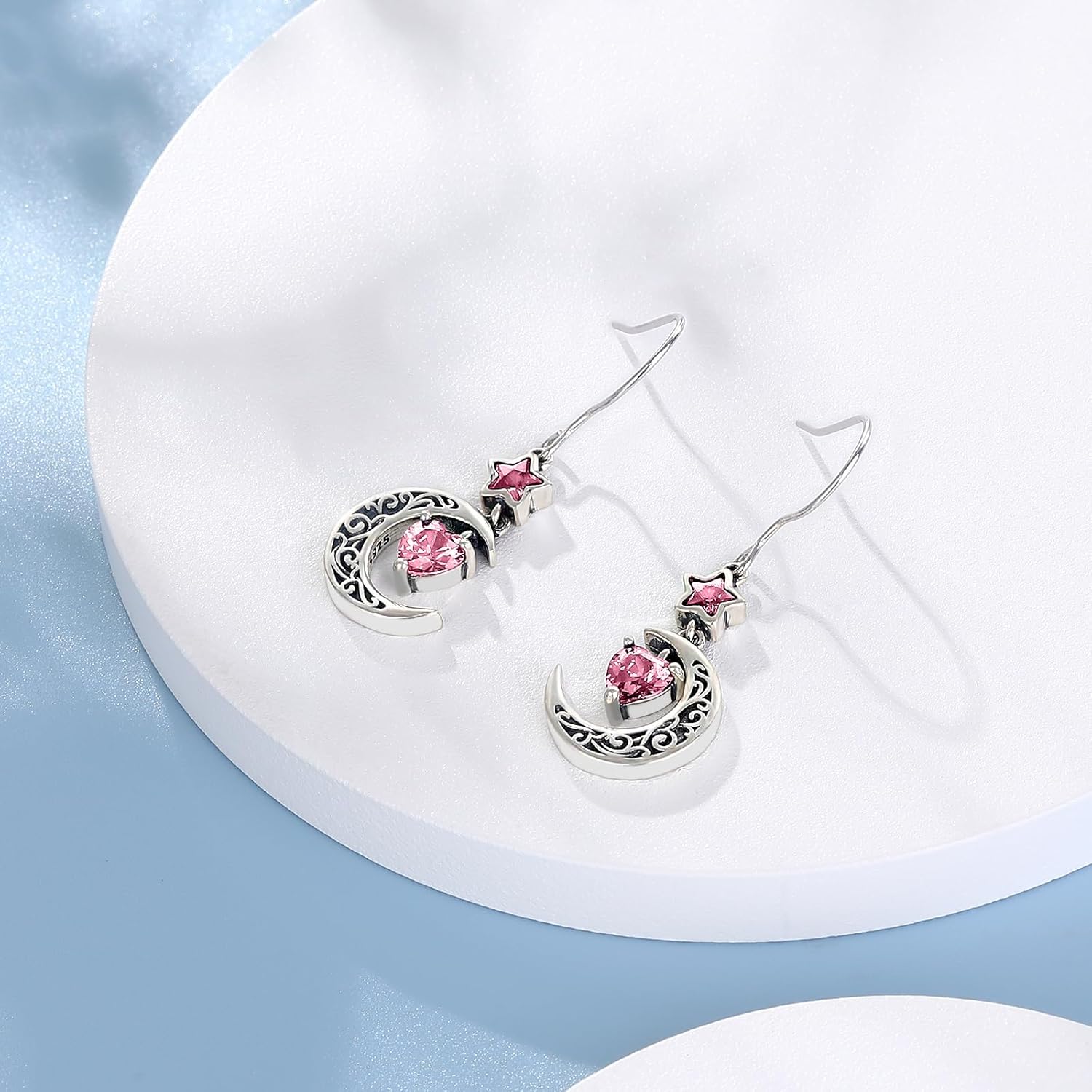 Shysnow Moon Birthstone Earrings for Women 925 Sterling Silver Half Moon Star Dangle Drop Earrings with Heart Crystal Birthday Jewelry for Women
