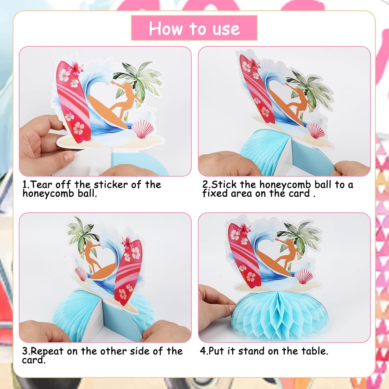 8 Pieces Surf Honeycomb Centerpieces - Surfing Themed Party Supplies for Birthday, Beach Hawaii Surf Party Decorations Supplies