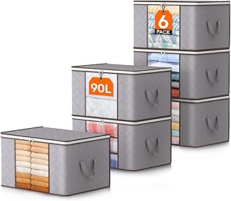 Lifewit 90L Large Storage Bags, 6 Pack Closet Organizers and Storage, Clothes Storage Bins with Lids, Foldable Storage Containers with Reinforced Handles for Clothing, Blanket, Comforter Light Gray