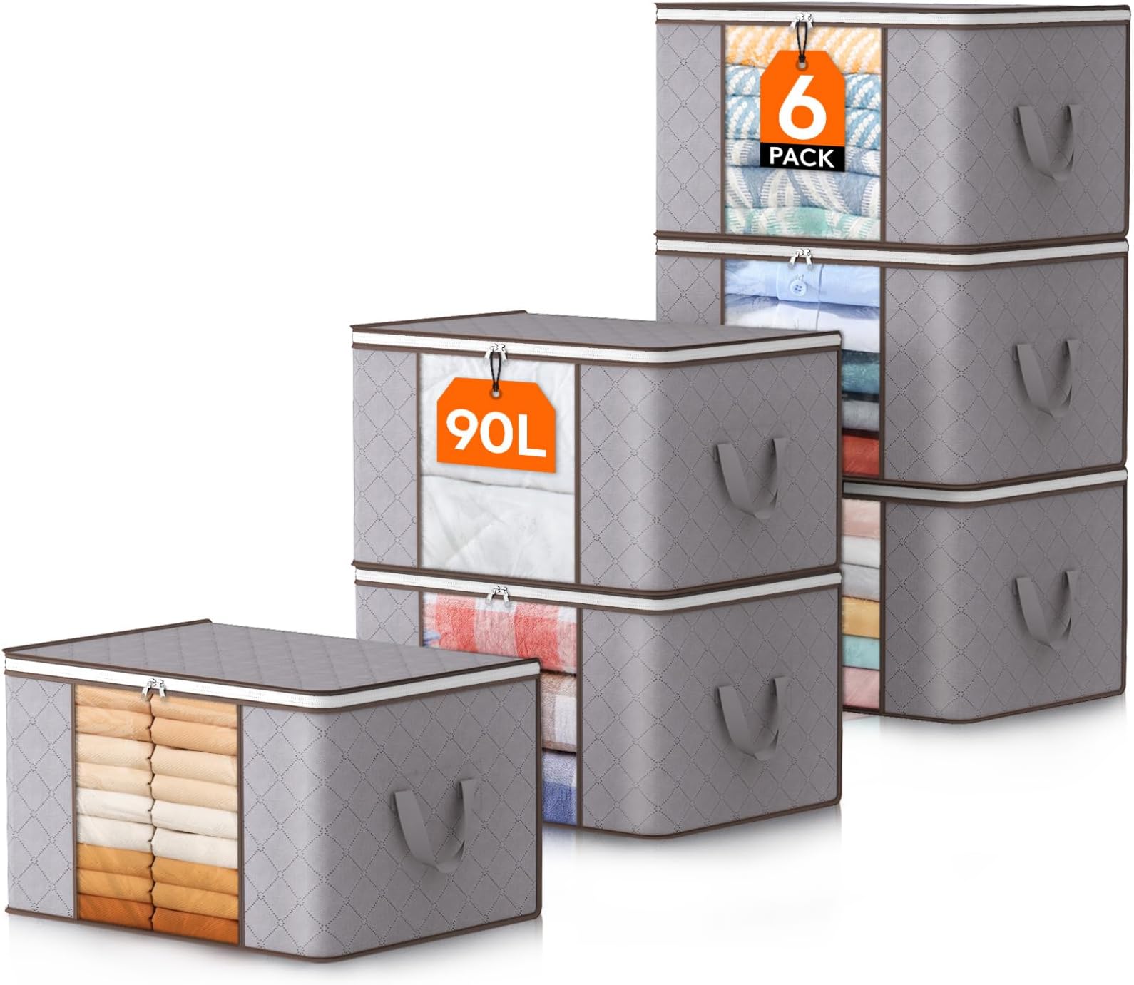 Lifewit 90L Large Storage Bags, 6 Pack Closet Organizers and Storage, Clothes Storage Bins with Lids, Foldable Storage Containers with Reinforced Handles for Clothing, Blanket, Comforter Light Gray