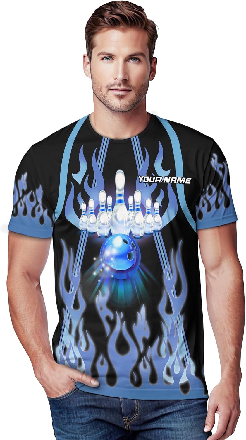 Mens Bowling T-Shirt Customized Blue Fire Bowling Ball Tee Shirt for Girl 3 D Bowling Clothing