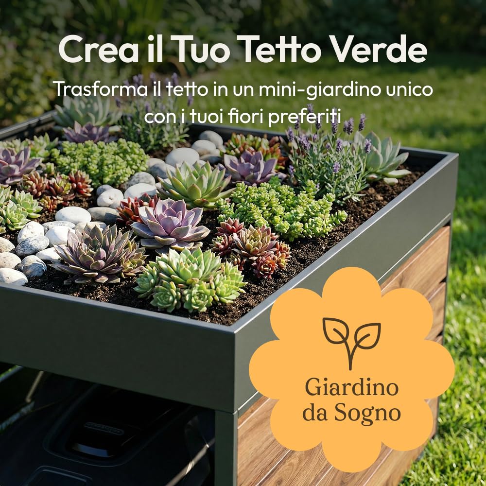 CASABEL Cobertizo para Robot cortacésped, Acero galvanizado, con Jardinera | Protección contra la intemperie, Acero galvanizado resistente, Jardinera integrada, Refugio universal, Efecto madera