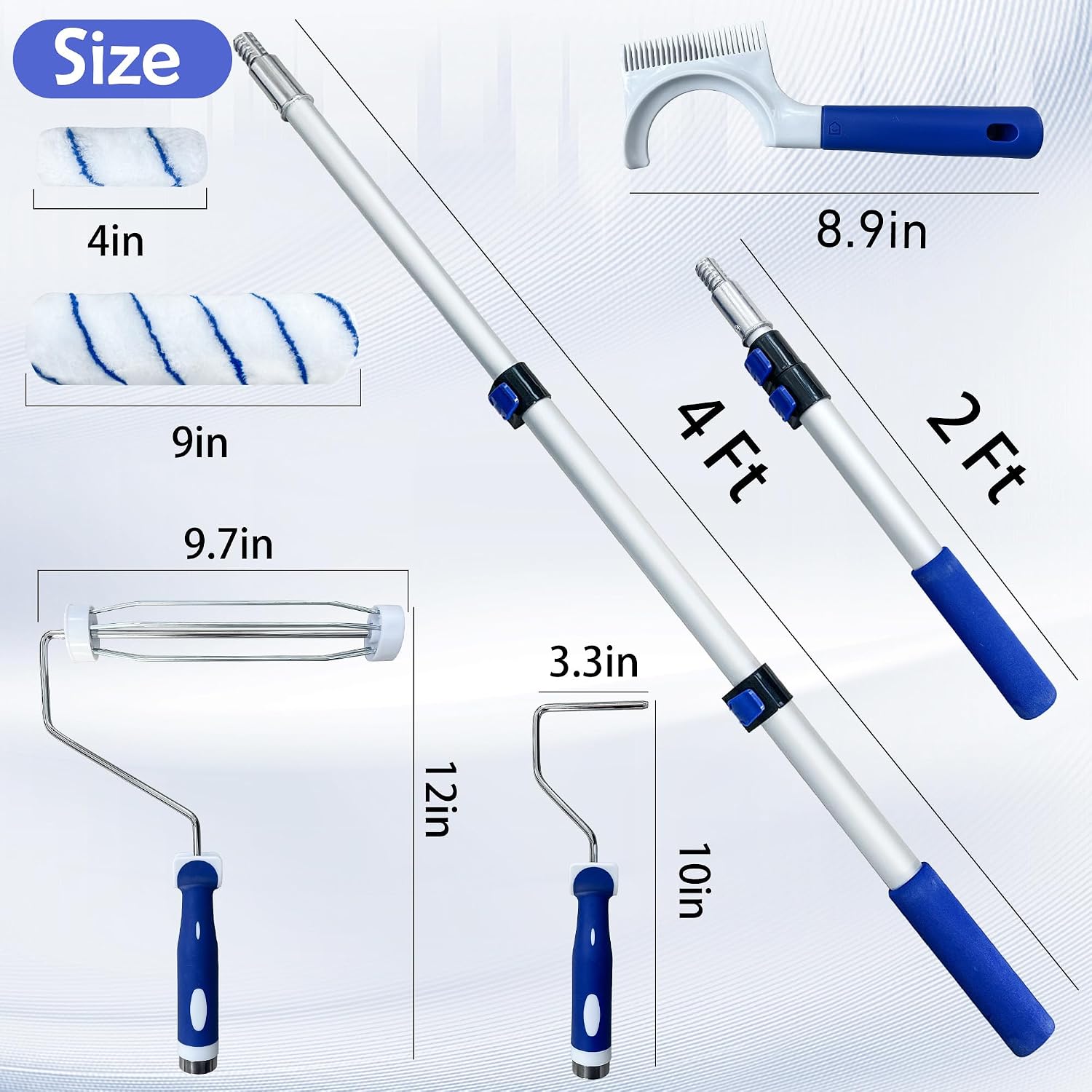 Paint Roller Kit 16PCS, 9&4 Inch Paint Roller with Adjustable 2-4FT Stainless Steel Extension Pole, Lint-Free Roller Covers, Paint Tray with 4 Liners, Roller Cleaner Tool, for Wall Ceiling Painting