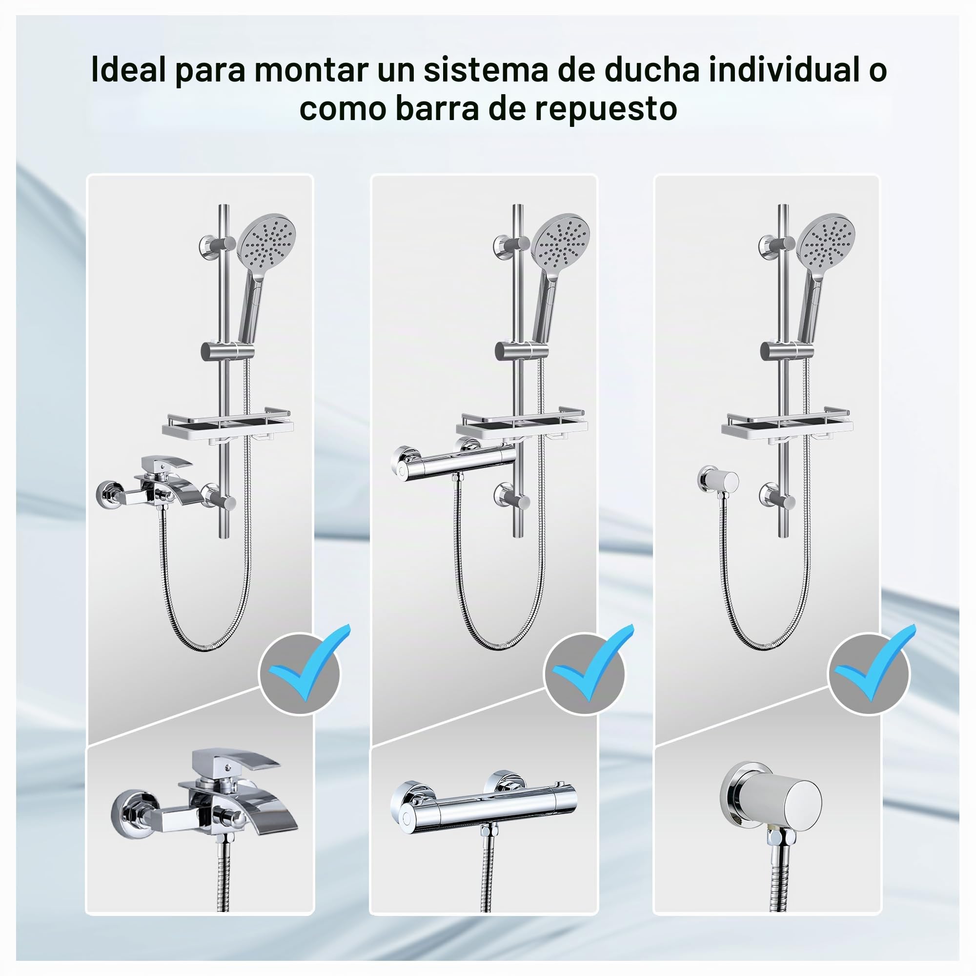 Görbach Barra de Ducha con Alcachofa de Ducha 3 funcións, Acero inoxidable Columna Ducha sin Grifo con Soporte Ajustable y Manguera, Compatible con Orificios Existentes, Estante Ducha, 70 cm Cromado