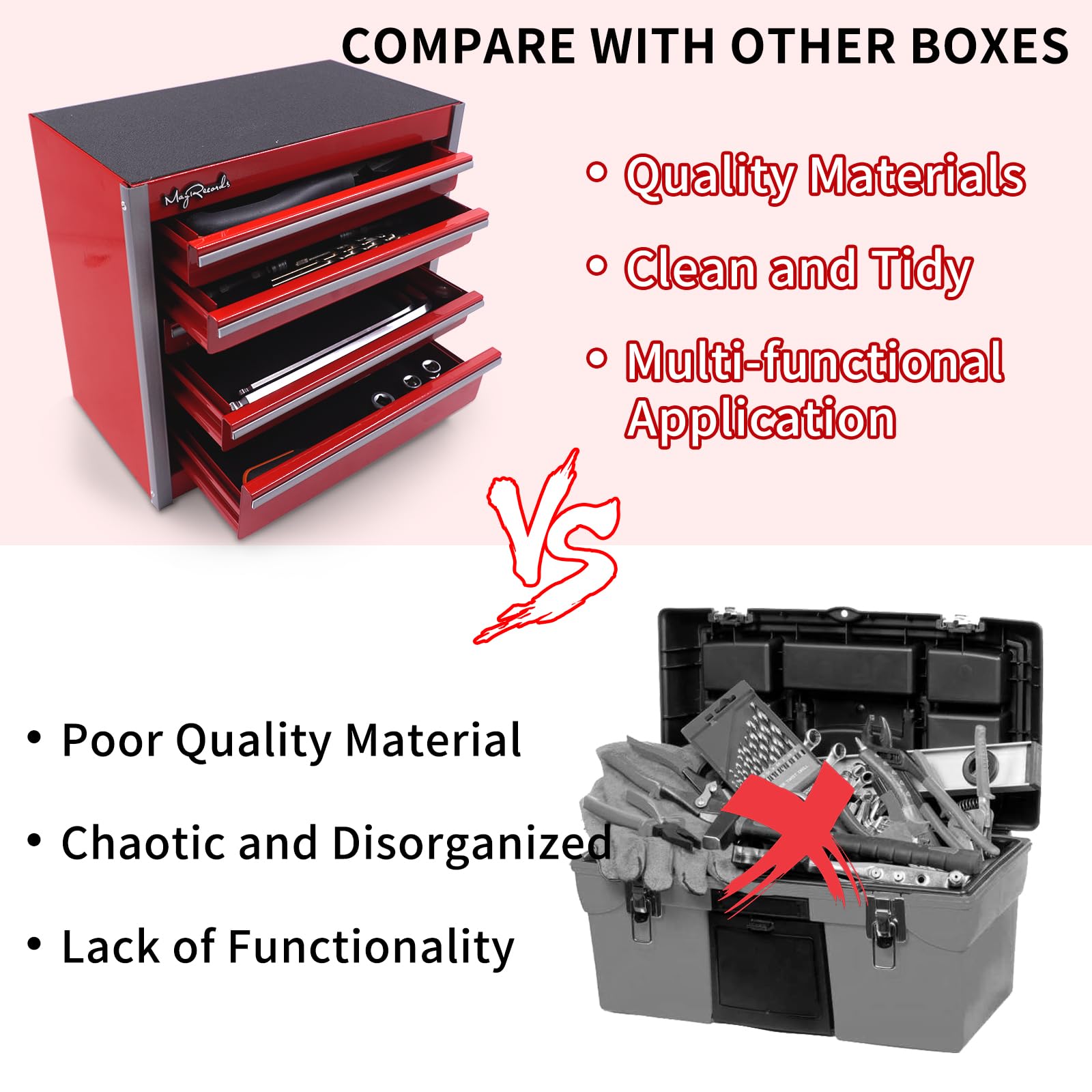 Mini caja de herramientas de metal roja con 5 cajones y almacenamiento superior, bricolaje en casa | Almacenamiento y organizadores de herramientas portátiles