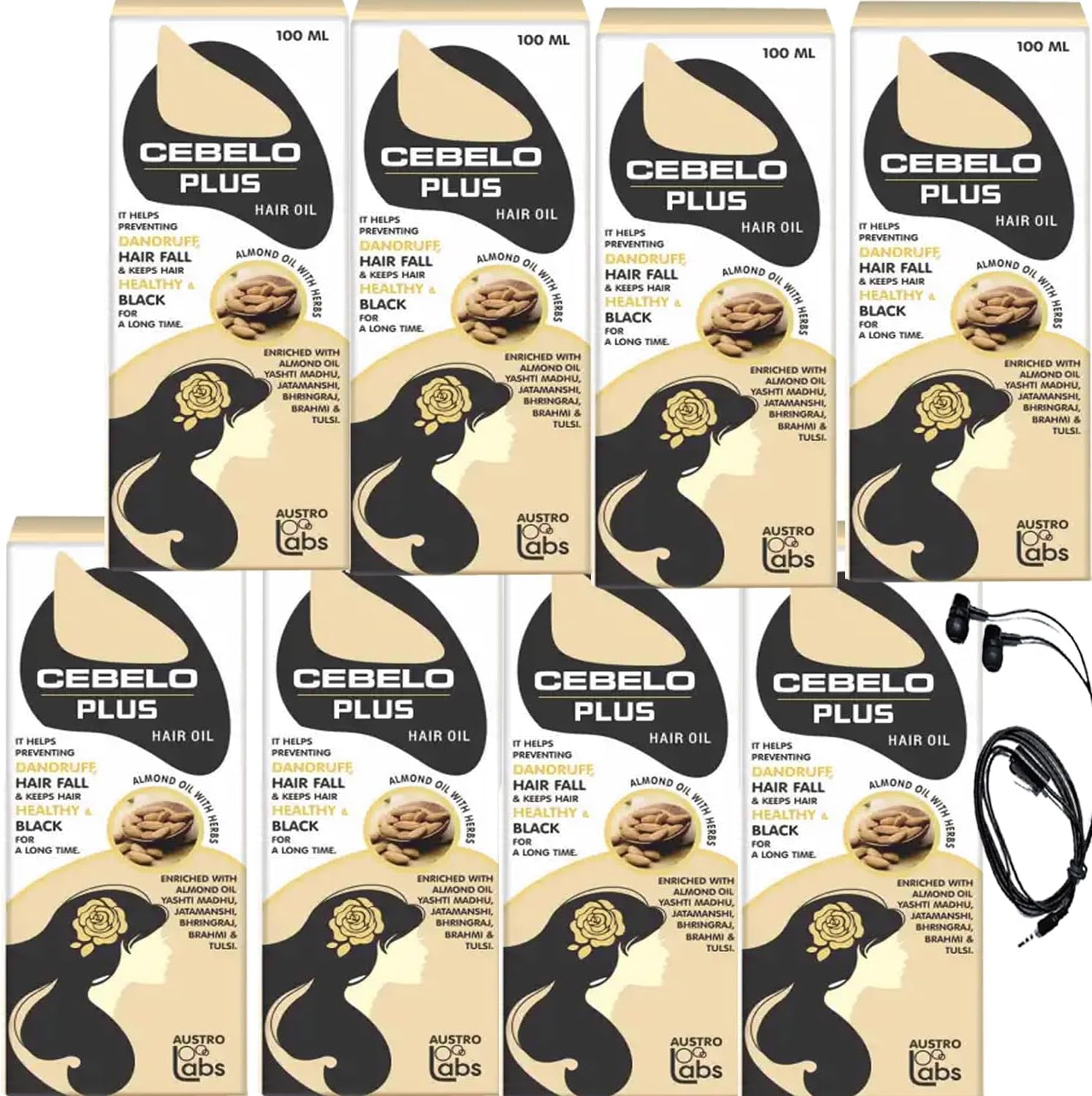 NEW CEBELO PLUS HAIR OIL WITH ALMOND EXTRACT FOR SHINNY HAIR (1 EARPHONE) PACK OF - (100ML X 8)