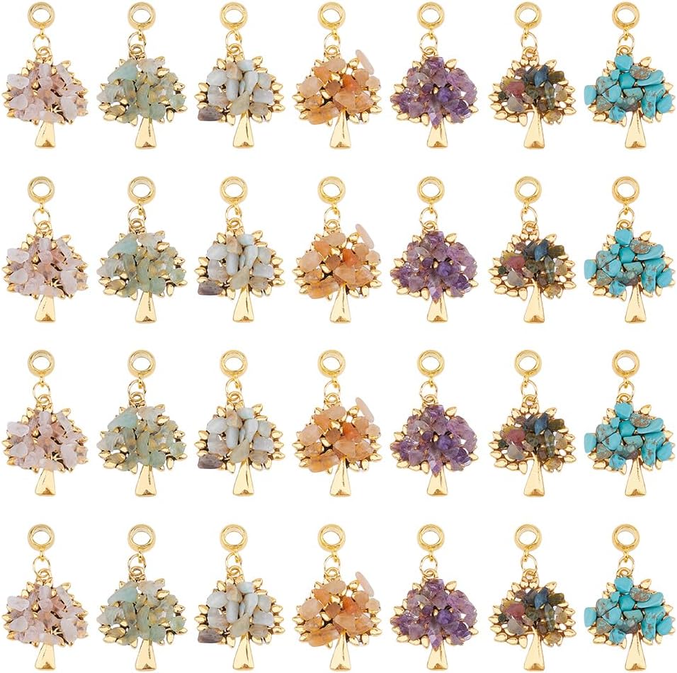 SUPERFINDINGS 28Pcs 7 Styles Tree of Life Gemstones Charms 40mm Crystal Quartz Chakra Pendants Mixed Gemstone Chip Charms Golden Large Hole European Dangle Charms for DIY...