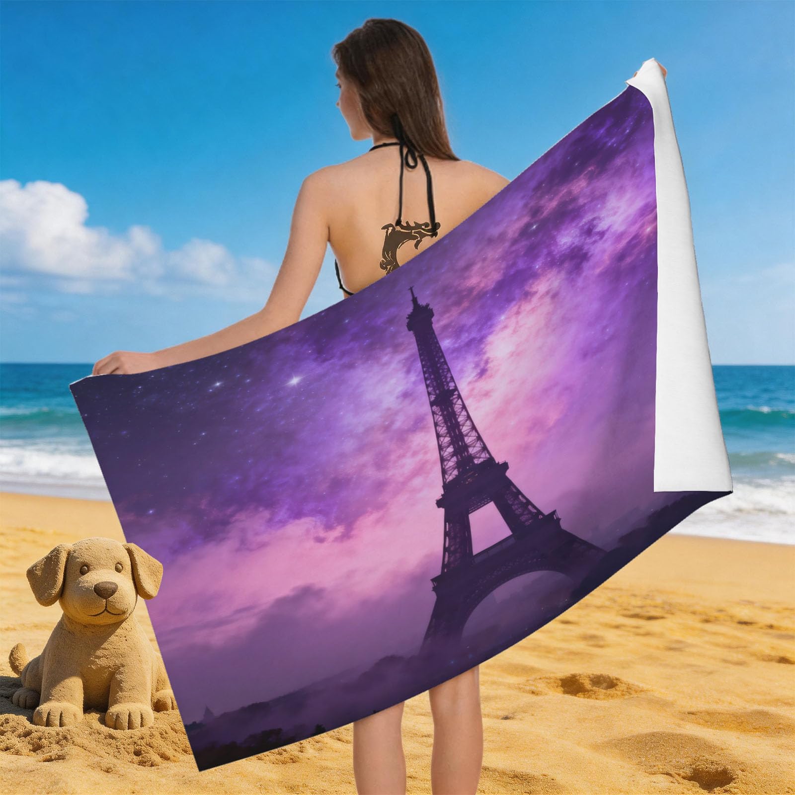 Leichong 3D Eiffel Tower Beach Towel Microfiber Soft Quick Dry for Adults, Romantic Theme Bath Towel Lightweight Soft Absorbent for Travel Swimming Pool Sports, 75 x 150 cm