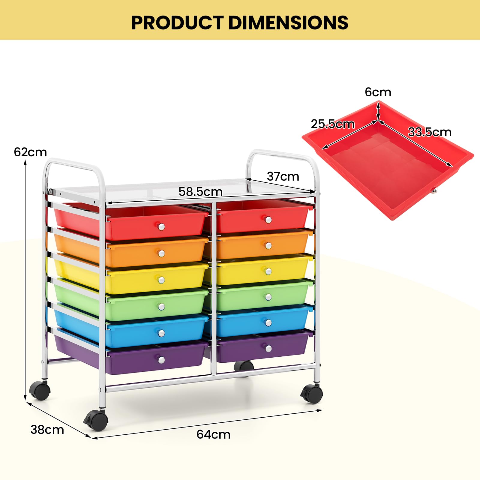 GIANTEX Chariot de Rangement, 12 Tiroirs, roulettes Pratiques, Grande Planche de Travail, Poignées Latérales, Glissières Douces, Chariot Polyvalent pour Salon, Cuisine, Bureau (Multicolore)