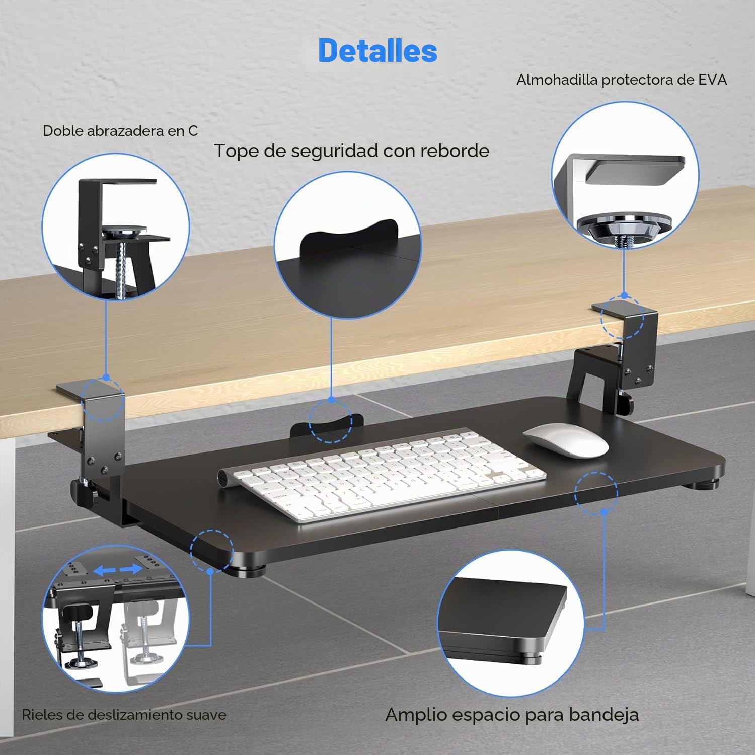 XINLEI Bandeja para Teclado Debajo del Escritorio, 65.5 x 31.1 cm con Abrazadera en C, Plataforma Extraíble y Deslizante, Soporte Ergonómico para Teclado y Ratón para Escribir, Hogar u Oficina