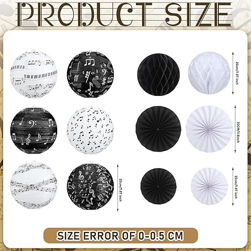 Miniatura 3 de Baquler 18 piezas de decoración de fiesta musical, notas musicales, linternas de papel colgantes en blanco y negro, abanicos de papel en forma de
