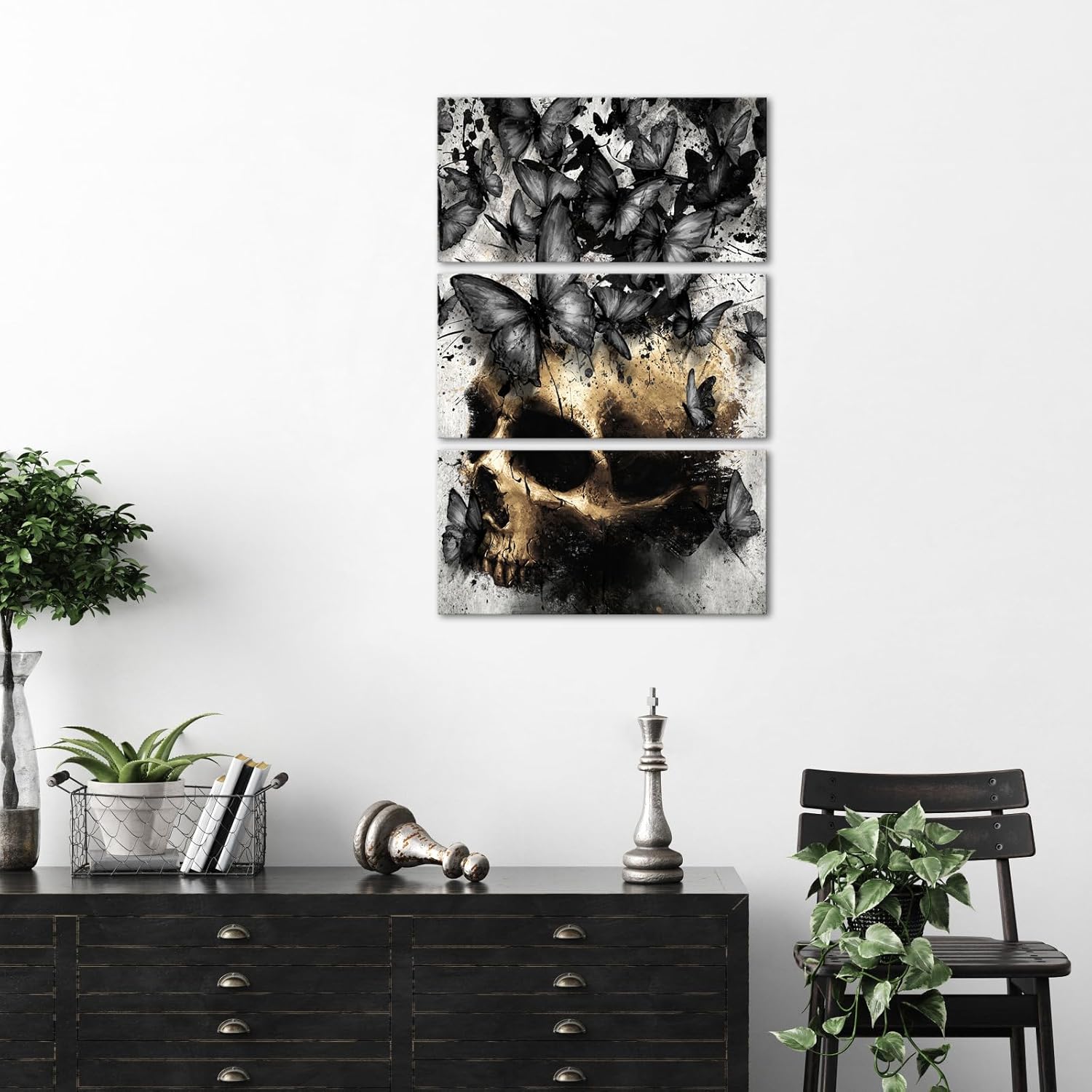 WELMECO Skull with Butterfly Canvas Wall Art Gothic Bathroom Decor 8x16inchx3Pieces (Black)