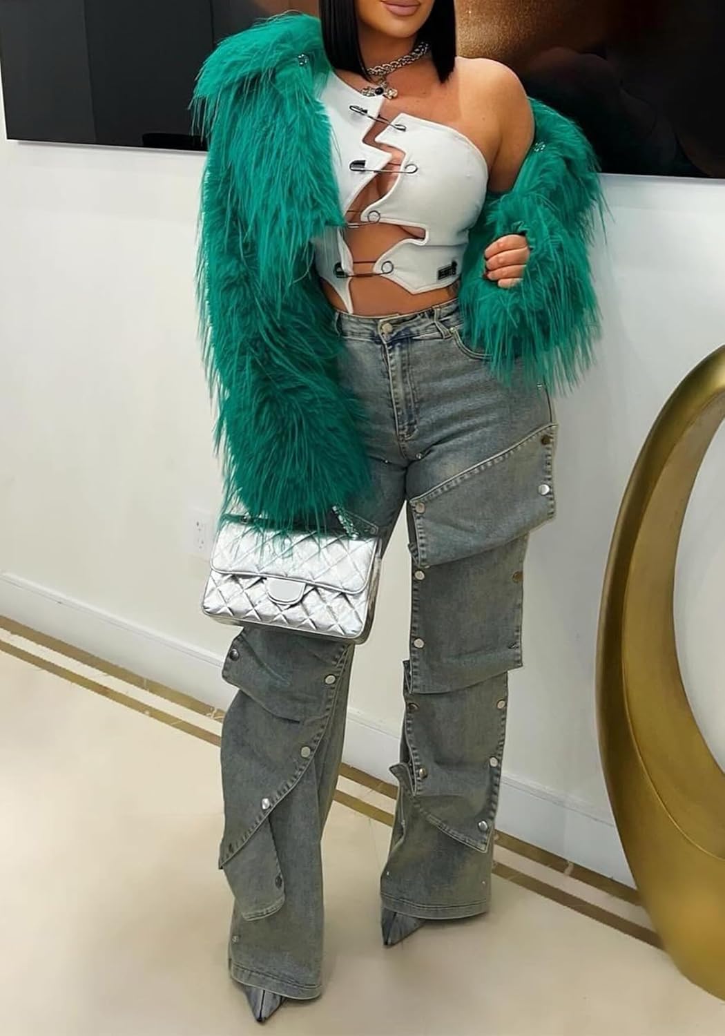 NRTHYE Women Cargo Jeans High Waisted Straight Wide Leg Jeans Pants Button Detachable Denim Cargo Trousers - Image 3