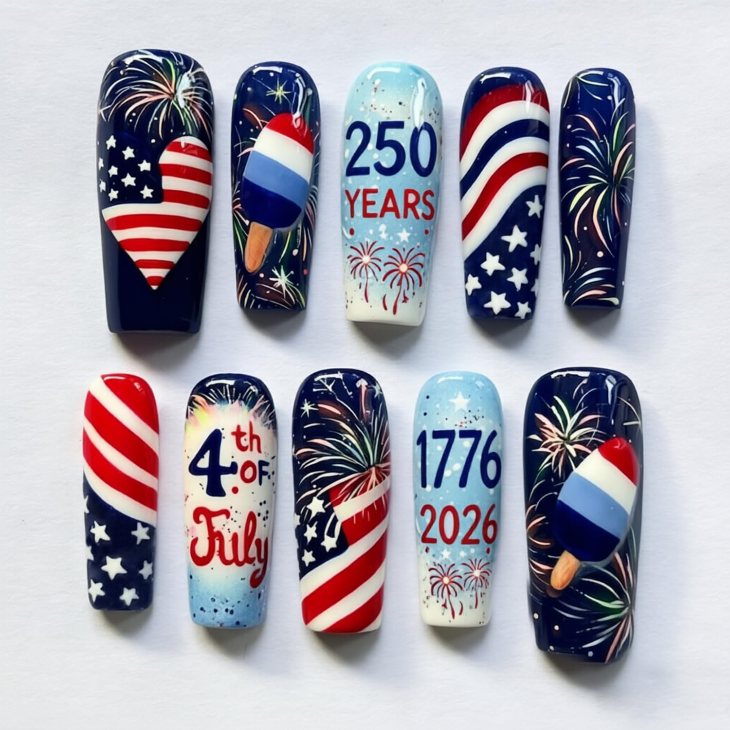Photo 1 of 24Pcs 4th of July Press on Nails Medium Coffin Fake Nails America 250th Acrylic Nails Independence Day Patriotic False Nail 250 Years American Anniversary Full Cover Glue on Nails for Women