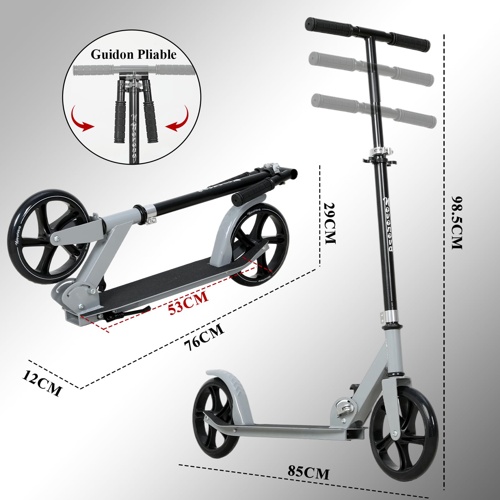 Trottinette Ado Pliable, Trottinette Adolescent avec Guidon Hauteur Ajustable 3 Niveaux, Trotinette Enfant Grande Roue 200MM Résistant, Trotinette Enfant/Ado 9-14Ans 125-175CM Charge 100KG