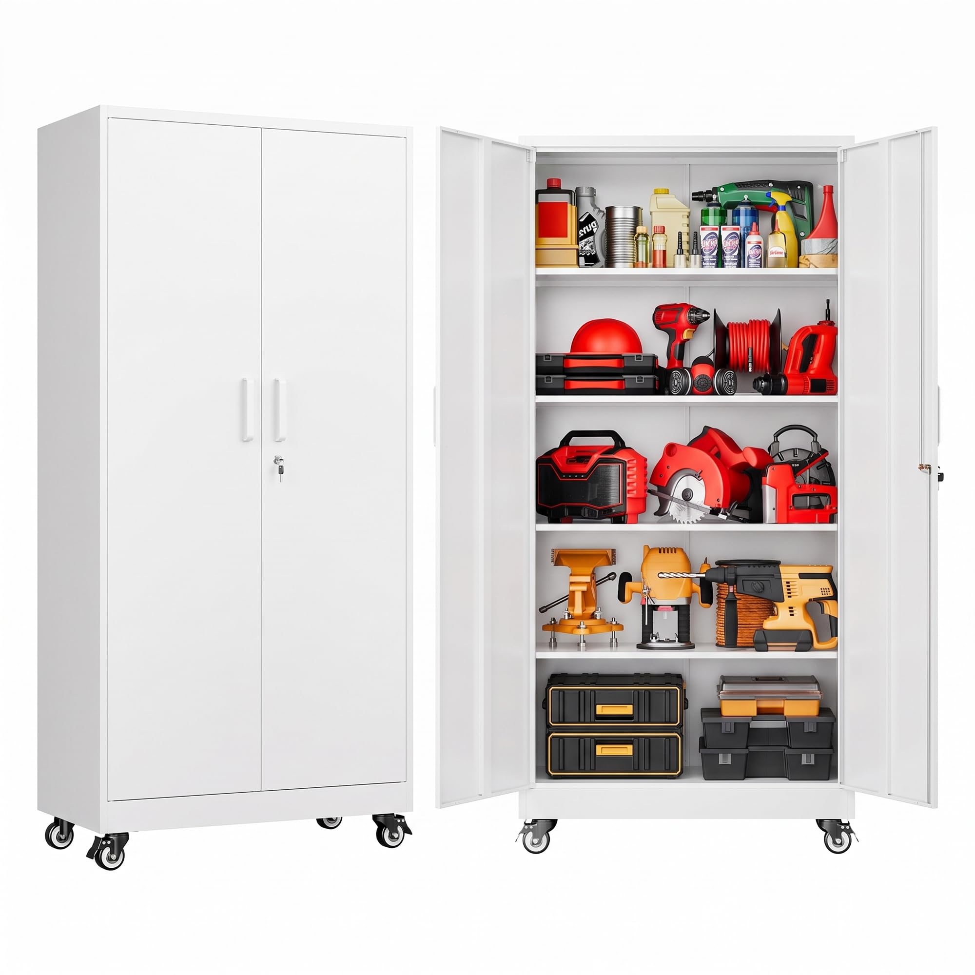 SISESOL 75" Tall White Metal Storage Cabinet with Wheels and Shelves