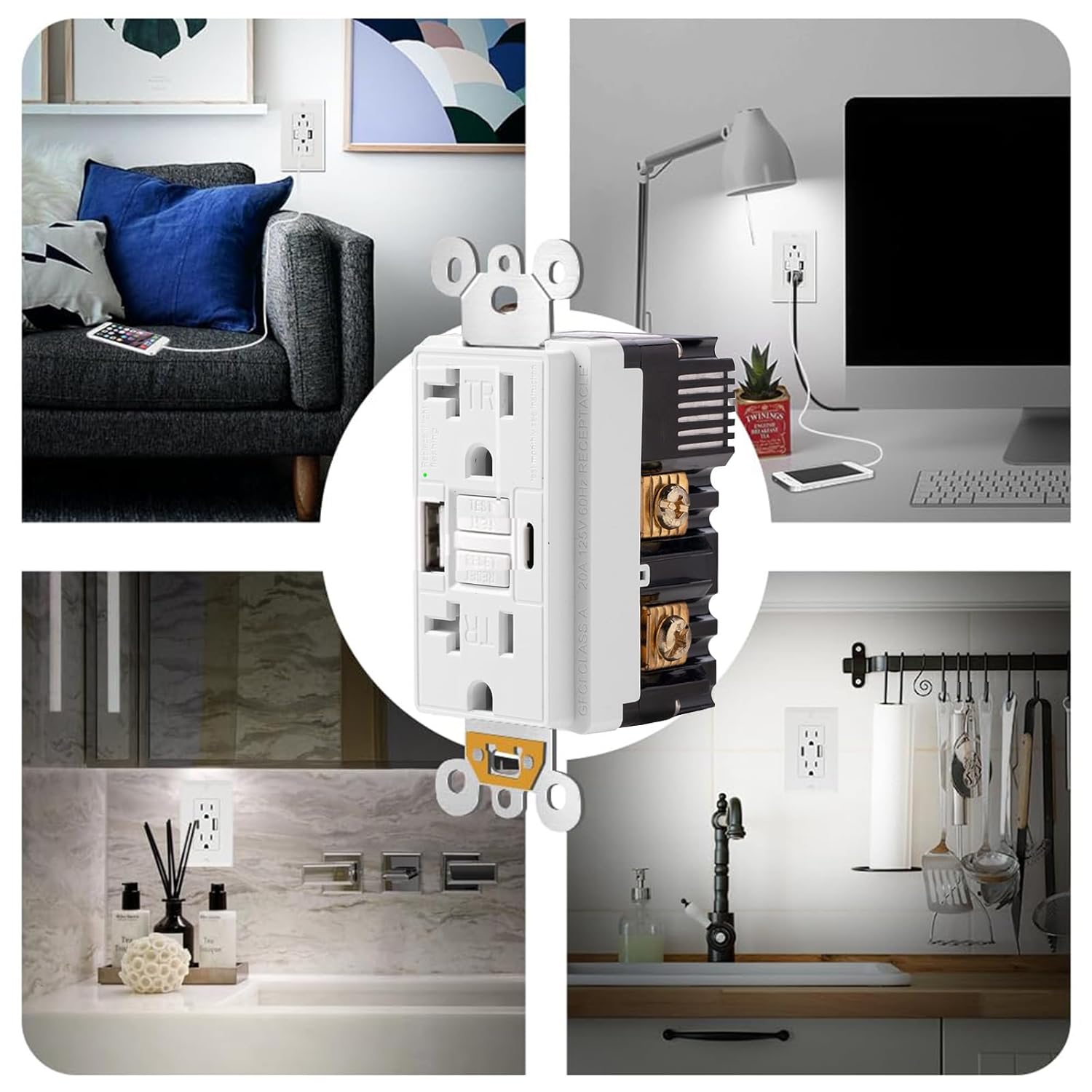 2 Pack - POWAWINI GFCI Outlet 20 Amp, ETL Listed, Charging Power Outlet with USB C & USB A Ports, Tamper-Resistant, Self-Test GFI Receptacles, LED Indicator, with Screwless Decor Wall Plates