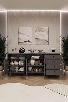 ASRA TREND Koyu Gri KNSL-06 Konsol TV Ünitesi Salon & Yemek Odası Büfesi 180x80x45 cm%100 MDFLAM