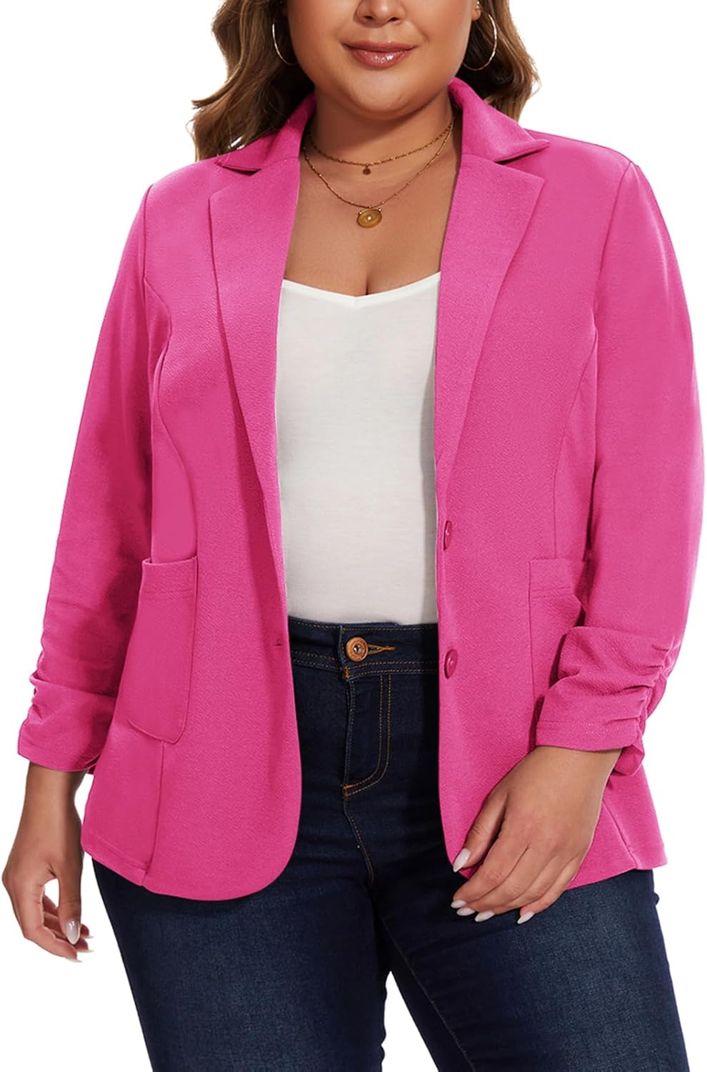 Plus Size Blazers for Women Business Casual Jackets Ruched 3/4 Sleeve Button Front Notched Lapel Blazer Pockets - Image 3