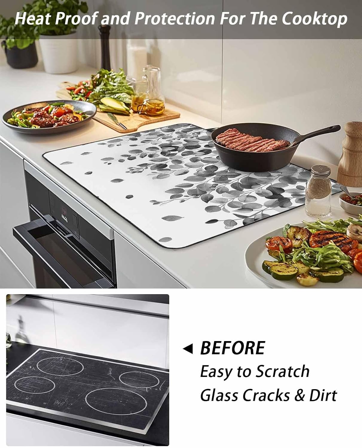 Stove Cover for Electric Stove 36x21 Inch Black Leaves Stove Top Cover Watercolor Fruit Branch Plant Glass Cooktop Covers Anti-Slip & Heat Resistant Countertop Protector Home Kitchen Decor