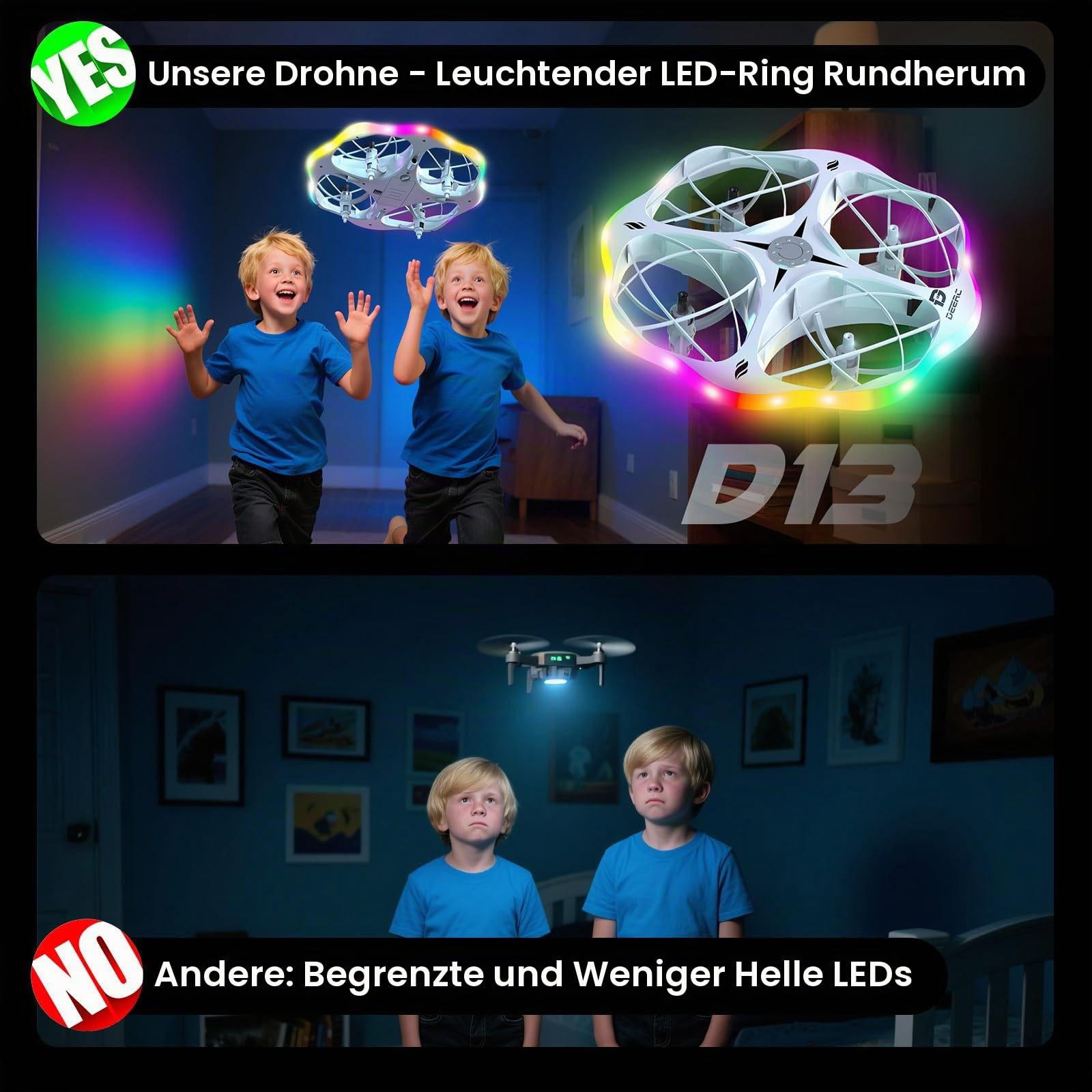 DEERC D13 Mini-Drohne für Kinder mit Hinderniserkennung, 6 LED-Lichtmodi, kleines UFO-Spielzeug, 3 Akkus für längere Flugzeit, Wurfstart, 3D-Flips, Geschenk für Jungen und Mädchen von 6–12 Jahren