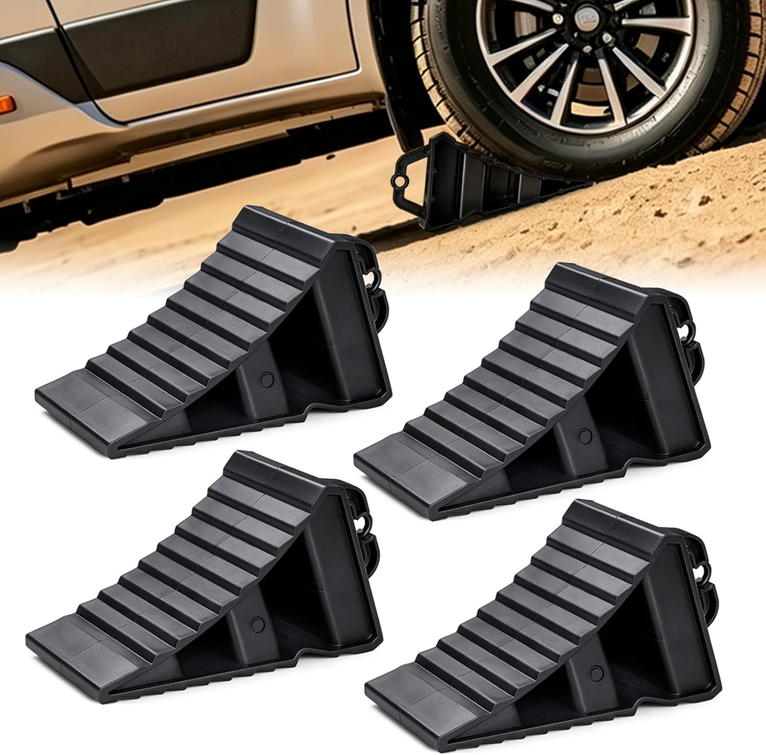 Hard Plastic Wheel Chocks, Solid Wheel Chocks with Handles Trailer RV Wheel Chock Durable Tire Chocks for Trucks Campers Non-Slip Chocks for ATVs Cars, Easy to Carry, 7.5''X4.2''X4.3''-4 Pack