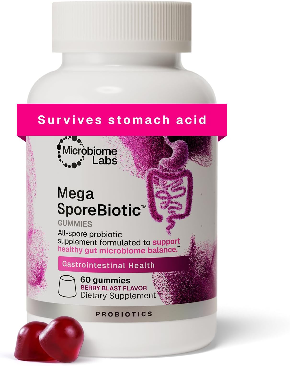 Microbiome Labs Spore Based Probiotic Gummies for Women, Men & Children - MegaSporeBiotic Gummies - 4 Bacillus Probiotics for Digestive Health & Microbiome Support - Berry Flavor (60 Gummies)