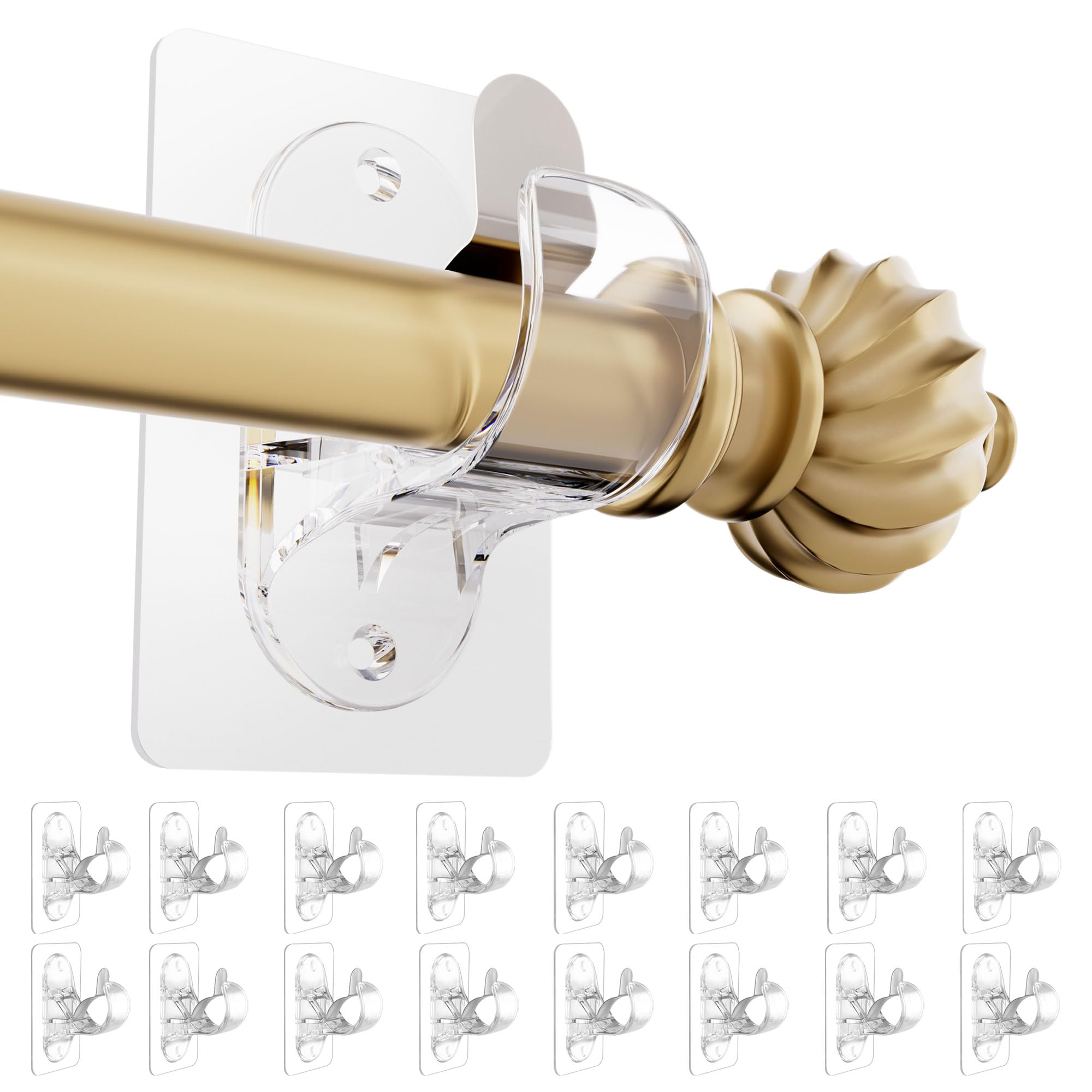 MUAKIOY No Drilling Curtain Rod Holder, 16 Pack Transparent Adhesive Curtain Rod Brackets, Stick on Wall Curtain Rod Hooks Hanging Bracket for Up to 1.3" Dia Rods