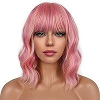Vista 11 de Pelucas cortas estilo Bob con flequillo para mujer, peluca ondulada suelta rizada ondulada longitud al hombro, peluca sintética estilo Bob para Verde