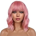 LANCAINI Short Bob Wigs with Bangs for Women Loose Wavy Wig Curly Wavy Shoulder Length Bob Synthetic Cosplay Wig for Girl Colorful Costume Wigs (Lovely Pink)