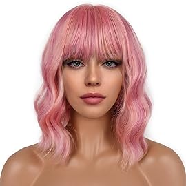 LANCAINI Short Bob Wigs with Bangs for Women Loose Wavy Wig Curly Wavy Shoulder Length Bob Synthetic Cosplay Wig for Girl Colorful Costume Wigs (Lovely Pink)