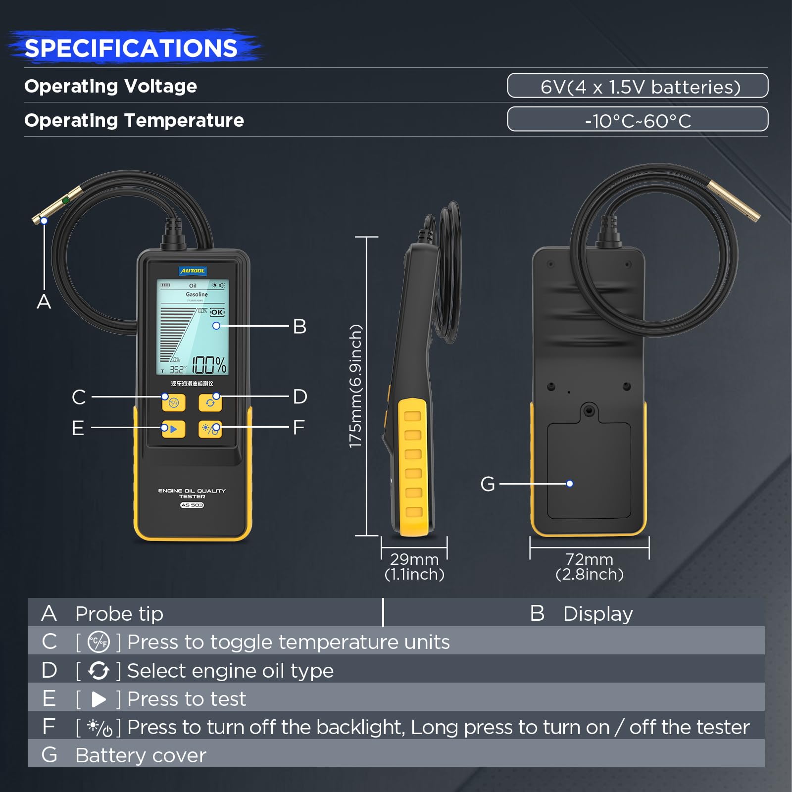 AUTOOL Tester per Olio Motore, Kit per la Qualità dell'olio Motore a Benzina e Diesel, Test Rapido di Trasmittanza e Temperatura, Engine Oil Tester con Sonda Flessibile da 31,5 Pollici (AS503)