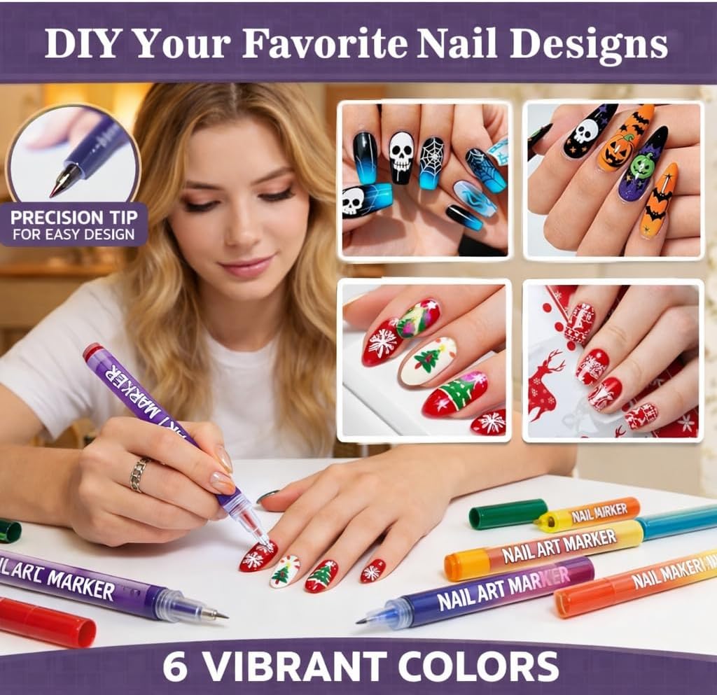 12 Colours Nail Art Markers, Nail Art Pens, Nail Polish Pens Set with Fine Tip, Water-Based Quick Dry Ink for DIY Nail Art, Manicure & Nail Design