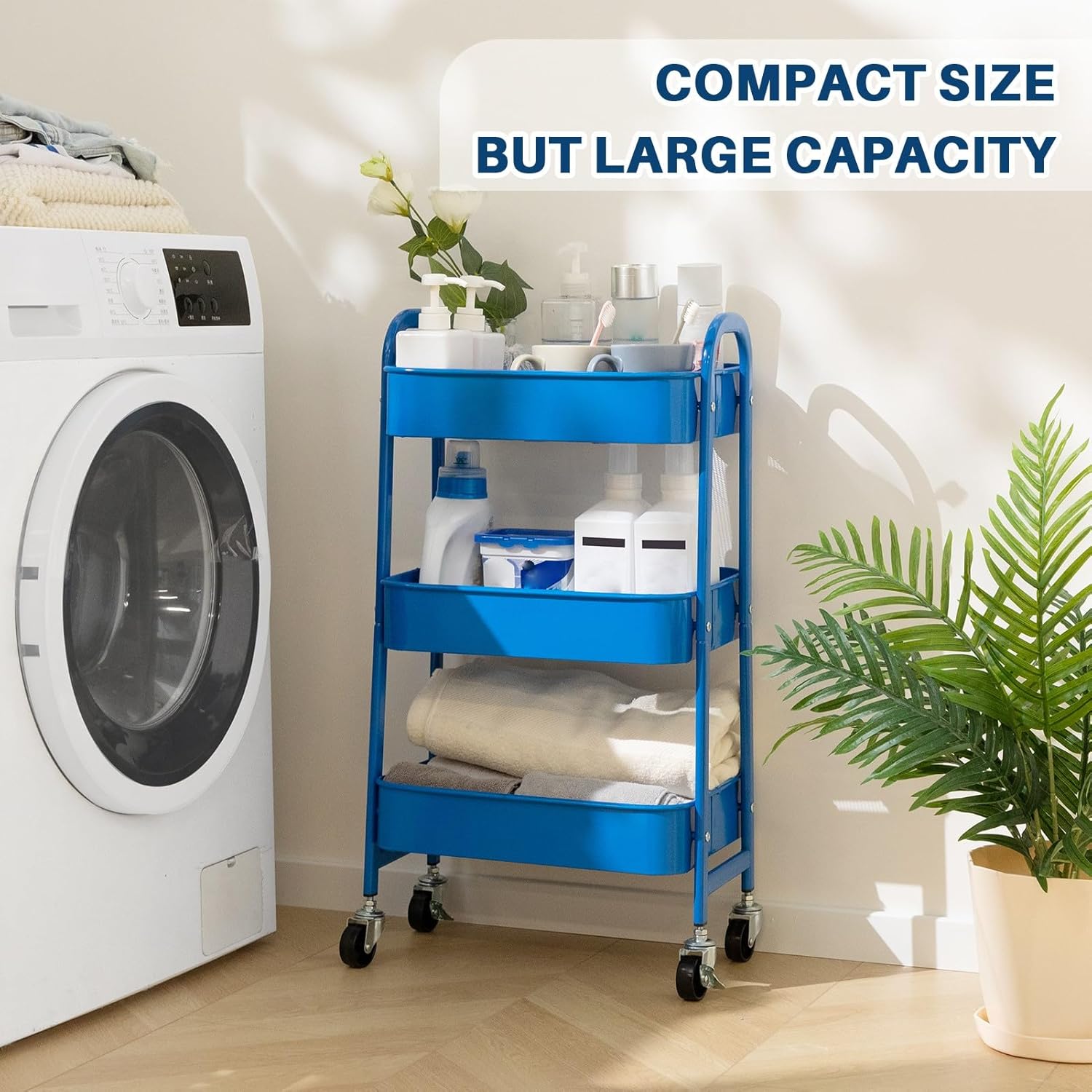 AGTEK 3 Tier Utility Rolling Cart with Lockable Wheels, Metal Multifunctional Storage, Organizer Cart for Kitchen, Office, Living Room, Makeup, Craft, Art Studio, Blue