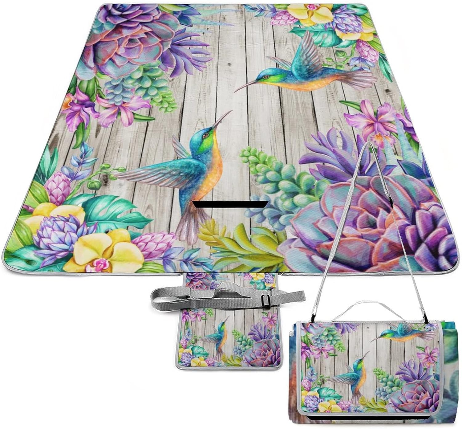 Vintage Floral Hummingbird Beach Picnic Blanket Watercolor Abstract Calla Lily Butterfly Wooden Decor for Outdoor Picnics, Beach, Camping 58.3x58.3 Inch