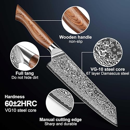 Miniatura 8 de Juego de cuchillos de cocina  Cuchillo de chef de acero Damasco y cuchillo de chef japonés, cuchillo de carne de alto carbono, mango de madera