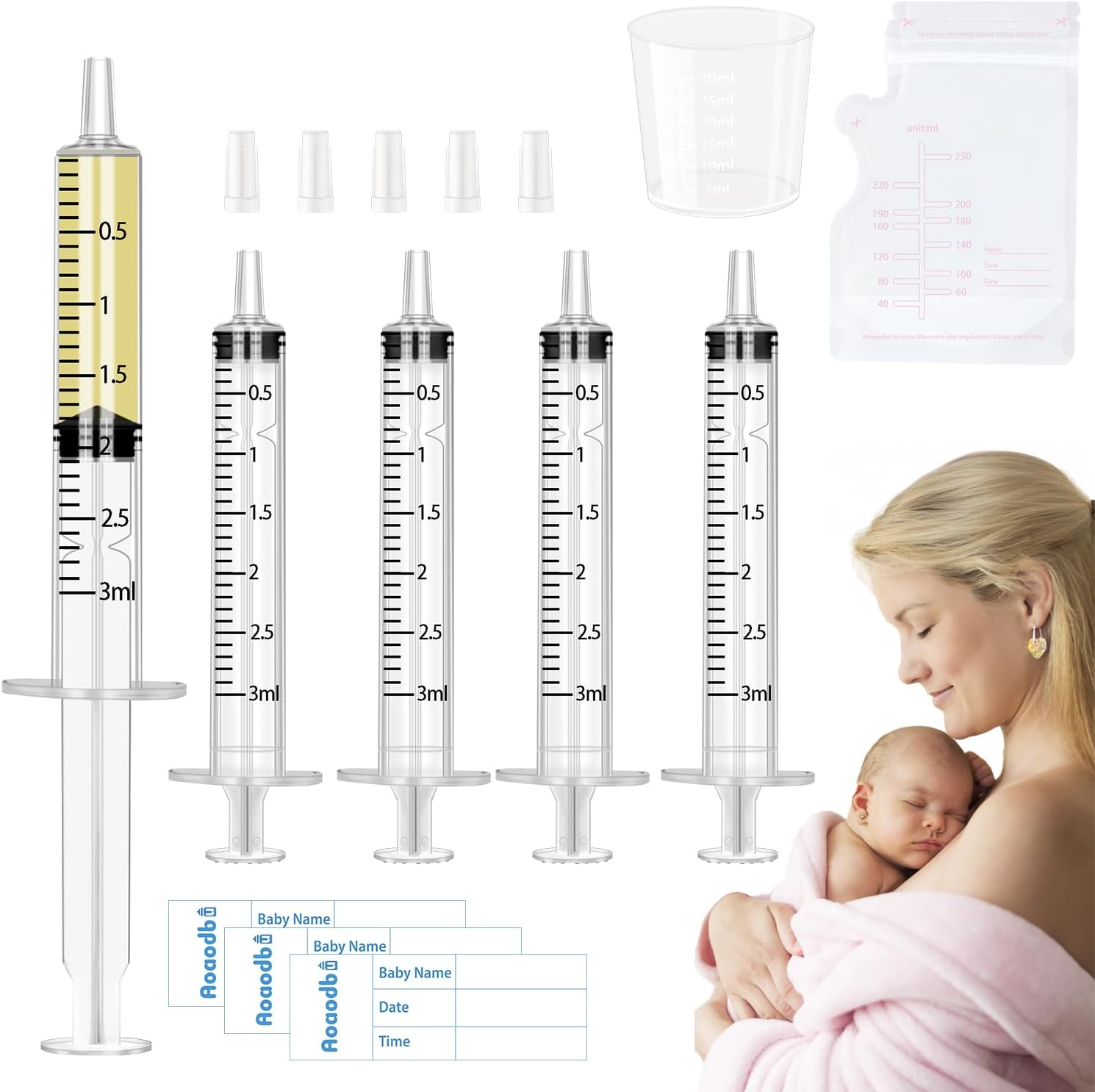 Colostrum Collector Kit Include 100pcs 3ml Sealed Breast Milk Collector No Needle Colostrum Syringes 5 Breastmilk Storage Bags and 1 piece 30 ml measuring cup with 100 Stickers