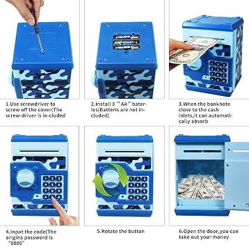 Piggy Bank Electronic Mini ATM for Kids Baby Toy, Safe Coin Banks Money Saving Box Password Code Lock for Kids,Best Birthday Christmas New Year Gift (Camo Blue + Camo Green)