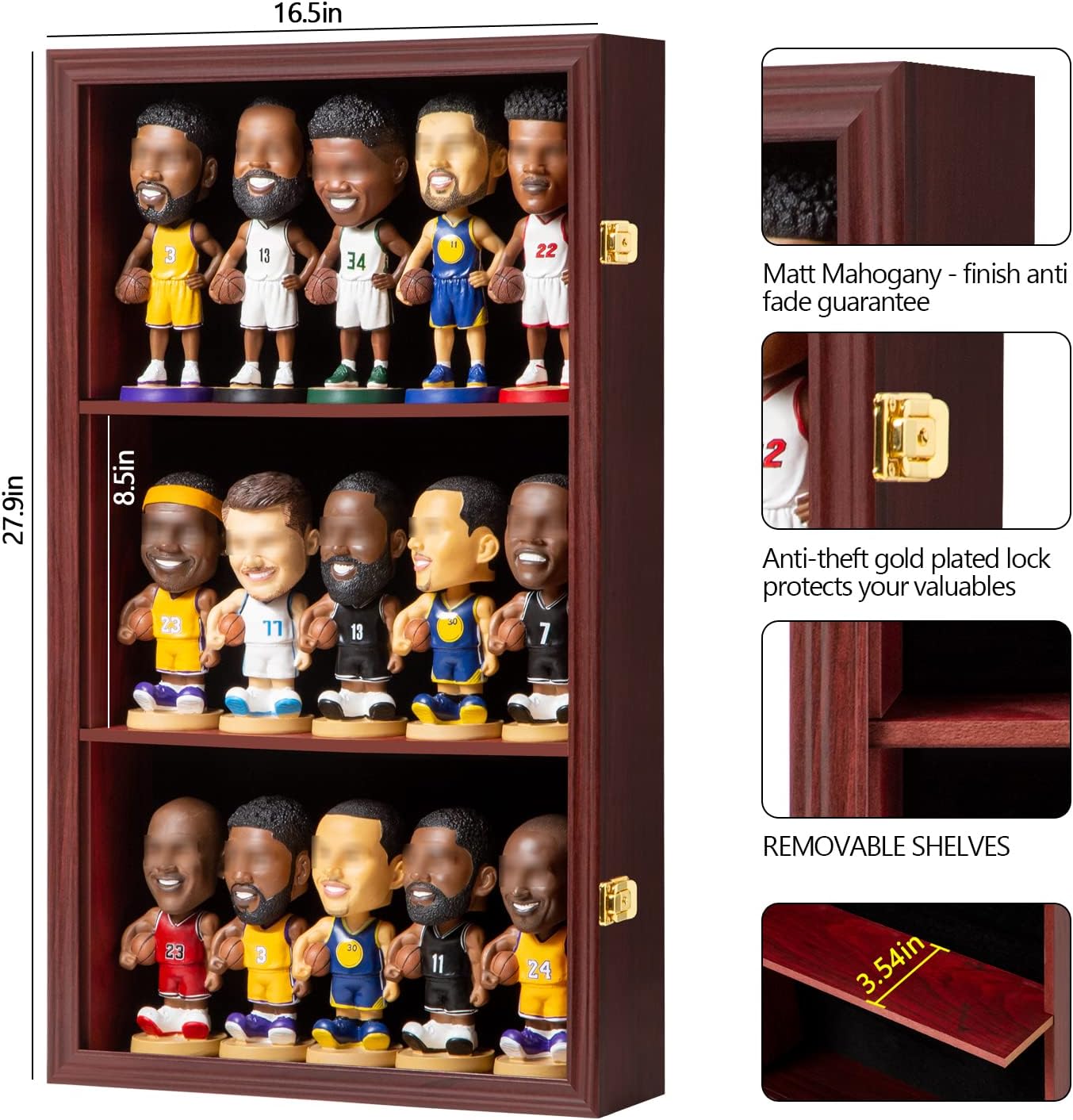 Bobblehead Display Case Action Figure Display Case Bobble Head Shadow Box Wall Cabinet for 15 Figurines Display with Lockable Anti Fade Uv Protection for Bobble Head, Action Toy Figures,Mahogany
