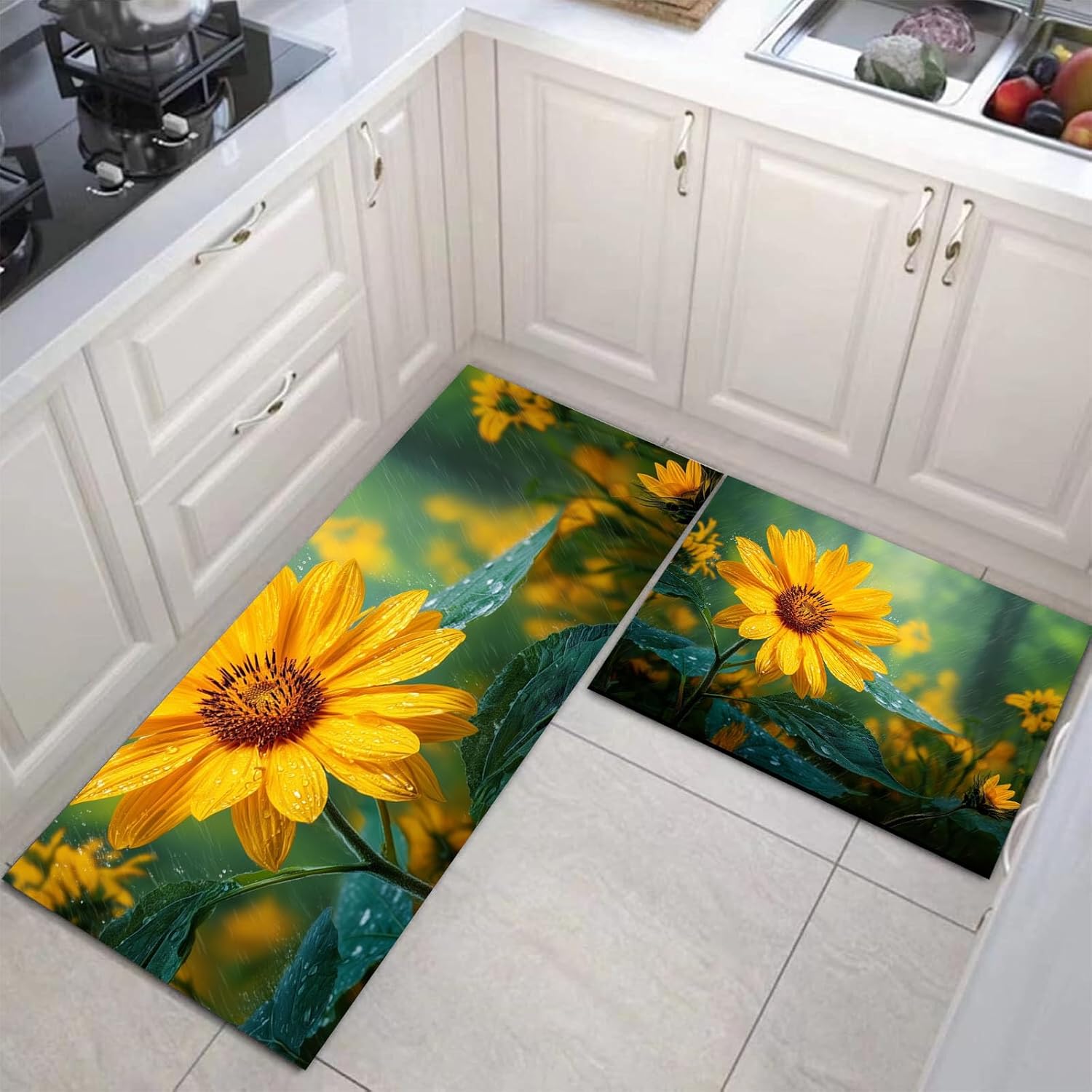 Emerald Green Kitchen Mats Set of 2 Cushioned Anti Fatigue Kitchen Rugs Non Slip Natural Sunflower Rainy Season Forest Runner Floor Mat Comfort Standing Mat for Sink Office Laundry