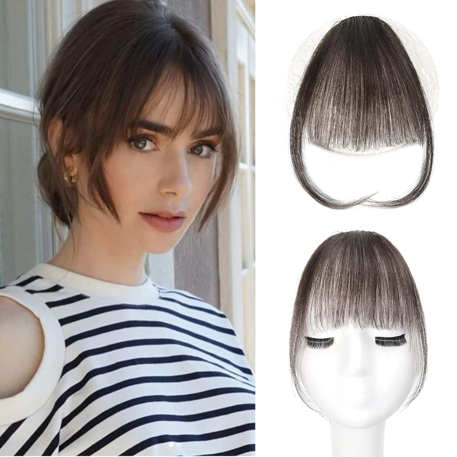 Bangs Hair Clip in Bangs 100% Real Human Hair Extensions Fake Wispy Bangs Fringe with Temples Curtain Flat Neat Front Air Hairpieces for Women Kids Daily Wear Brown