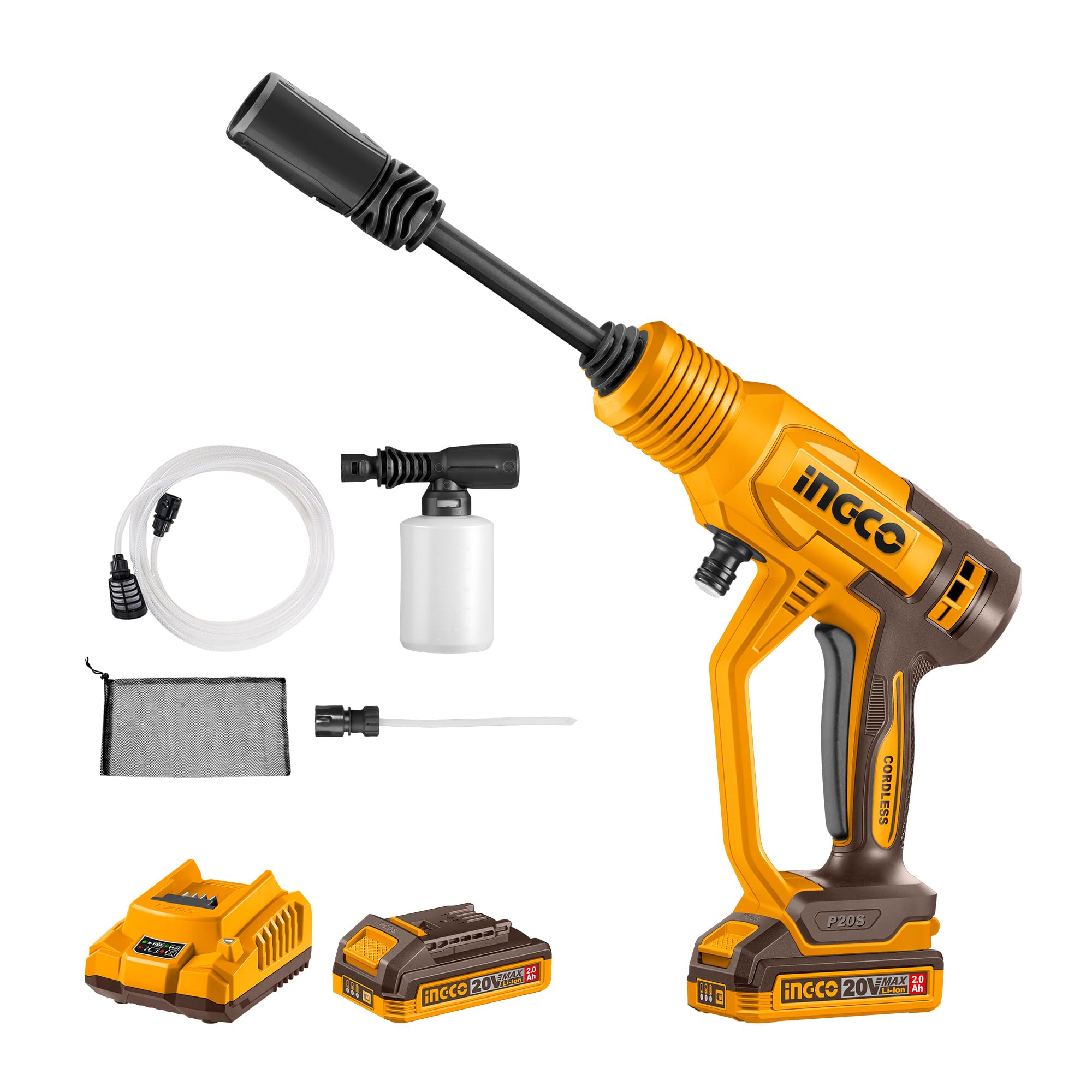 INGCO 20V Cordless Pressure Washer, Lithium-Ion Power Washer 24.8Bar Pressure 2.8L/min Flow Rate with 1Pcs 2.0Ah Battery And Charger CPWLI20362